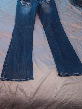 Earl Jeans Blue Flared Wide Leg Jeans with Embroidered Back Pockets